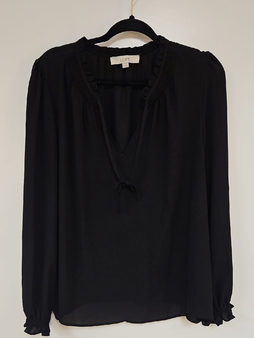 LOFT Black Ruffle-Tie V-Neck Long Sleeve Blouse